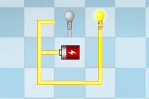 Një skemë me një qark elektrik të thjeshtë që përmban një bateri, dy llamba dhe tela të verdhë, ku një llambë është e ndezur
