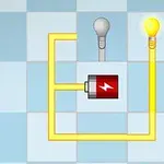 Një skemë me një qark elektrik të thjeshtë që përmban një bateri, dy llamba dhe tela të verdhë, ku një llambë është e ndezur