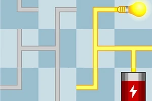 Një qark elektrik me një dritë të ndezur dhe një bateri të lidhur përmes linjave mbi një sfond të kaltër me kuadrate