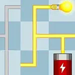 Një qark elektrik me një dritë të ndezur dhe një bateri të lidhur përmes linjave mbi një sfond të kaltër me kuadrate