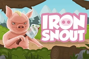 Një derrkuc rozë me një kaçavidë të përgjakur duke qëndruar në një pyll, me tekstin IRON SNOUT pranë