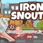 Një derrkuc rozë me një kaçavidë të përgjakur duke qëndruar në një pyll, me tekstin IRON SNOUT pranë