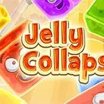 Blloqe shumëngjyrëshe xheli me sy dhe shprehje të ndryshme, me tekstin Jelly Collapse në qendër