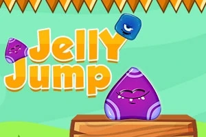 Karaktere xhelatinos të kaltër dhe të purpurt mbi një platformë prej druri me tekst të verdhë Jelly Jump në sfond