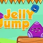 Karaktere xhelatinos të kaltër dhe të purpurt mbi një platformë prej druri me tekst të verdhë Jelly Jump në sfond