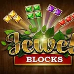 Fjalët Jewel Blocks të shkruara me gërma të mëdha, të rrethuara nga gjethe jeshile dhe blloqe shumëngjyrëshe