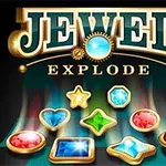 Fjalët Jewel Explode me shkronja të mëdha dhe xhevahire shumëngjyrëshe në sfond të zi