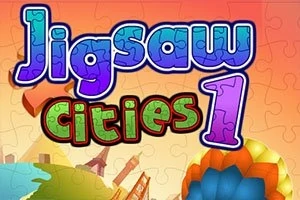 Teksti Jigsaw Cities 1 me sfond të ndritshëm që përfshin pjesë panoramash dhe një ballon shumëngjyrësh