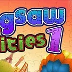 Teksti Jigsaw Cities 1 me sfond të ndritshëm që përfshin pjesë panoramash dhe një ballon shumëngjyrësh