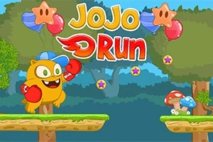 Karakter vizatimor i verdhë me doreza boksi në një skenë pylli me platforma dhe kërpudha, me tekstin JoJo Run sipër