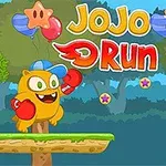 Karakter vizatimor i verdhë me doreza boksi në një skenë pylli me platforma dhe kërpudha, me tekstin JoJo Run sipër
