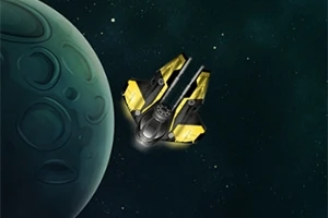 Anije hapësinore me ngjyrë të verdhë dhe të zezë pranë një planeti në sfondin e kozmosit të errët