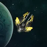 Anije hapësinore me ngjyrë të verdhë dhe të zezë pranë një planeti në sfondin e kozmosit të errët