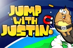 Një sorkadhe vizatimore me sy të mëdhenj dhe një magnet drejtohet lart, me tekst të verdhë të madh JUMP WITH JUSTIN në sfond blu dhe të gjelbër