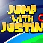 Një sorkadhe vizatimore me sy të mëdhenj dhe një magnet drejtohet lart, me tekst të verdhë të madh JUMP WITH JUSTIN në sfond blu dhe të gjelbër