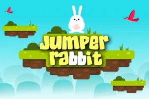 Një lepur i bardhë qëndron mbi një platformë të gjelbër me tekstin Jumper rabbit në sfond të kaltër me zogj të kuq