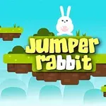 Një lepur i bardhë qëndron mbi një platformë të gjelbër me tekstin Jumper rabbit në sfond të kaltër me zogj të kuq