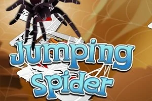 Një merimangë e zezë mbi një grumbull letrash me tekstin Jumping Spider në sfondin e kafe
