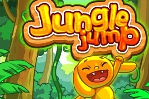 Një krijesë e verdhë dhe e lumtur në një xhungël me pemë dhe bimë të harlisura, me shkronjat Jungle Jump mbi të