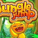 Një krijesë e verdhë dhe e lumtur në një xhungël me pemë dhe bimë të harlisura, me shkronjat Jungle Jump mbi të