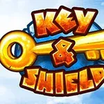 Një çelës i madh ngjyrë ari me tekstin Key & Shield mbi një sfond blu qielli me re dhe një personazh të vogël në kënd