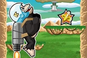 Një gorillë me helmetë dhe xhetpack fluturon në një peizazh me male dhe platforma jeshile, ndërsa një yll i artë është në sfond