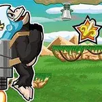 Një gorillë me helmetë dhe xhetpack fluturon në një peizazh me male dhe platforma jeshile, ndërsa një yll i artë është në sfond