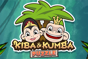 Dy majmunë të vizatuar që qëndrojnë pranë një palme, me tekstin Kiba & Kumba Puzzle poshtë tyre