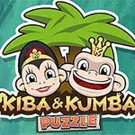 Dy majmunë të vizatuar që qëndrojnë pranë një palme, me tekstin Kiba & Kumba Puzzle poshtë tyre