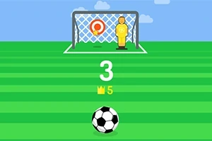 Top futbolli në një fushë jeshile përpara një porte me një figurë dhe një shenjë të kuqe