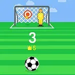 Top futbolli në një fushë jeshile përpara një porte me një figurë dhe një shenjë të kuqe