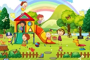 Fëmijë që luajnë në një park lojërash me dyshekë, kërcime dhe një ylber në sfond