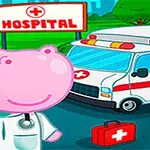 Një hipopotam i veshur si doktor qëndron pranë një ambulance dhe një tabele spitali