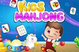 Fëmijë me përparëse të kuqe, duke bërë me sy, qëndron pranë një unikorni të vogël me lodra me ngjyra përreth