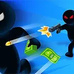 Dy figura të zeza, njëra duke vrapuar me para në dorë dhe tjetra duke qëlluar me armë zjarri