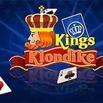 Një figurë mbretërore me kurorë dhe letër mbretërore në sfond blu, me fjalët Kings Klondike dhe disa letra të shpërndara përreth