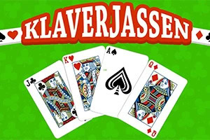Katër letra me figura (J, K, A, Q) të kartës në një sfond të gjelbër me tekstin Klaverjassen sipër