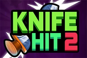 Teksti KNIFE HIT 2 në ngjyrë jeshile dhe rozë me një thikë në sfond të errët