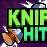Teksti KNIFE HIT 2 në ngjyrë jeshile dhe rozë me një thikë në sfond të errët