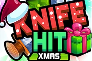 Teksti Knife Hit Xmas me shkronja të mëdha dhe ngjyra të ndezura, me një sfond dhurate Krishtlindjeje dhe kapelë festive