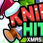 Teksti Knife Hit Xmas me shkronja të mëdha dhe ngjyra të ndezura, me një sfond dhurate Krishtlindjeje dhe kapelë festive