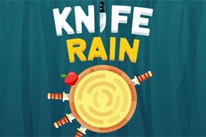 Një tabelë druri në formë rrethi me thika të ngulura në të dhe një mollë e kuqe sipër, me tekstin KNIFE RAIN mbi