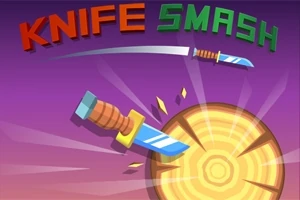 Thika që hidhet drejt një trungu të rrumbullakët druri në sfond ngjyrë vjollcë, me tekstin KNIFE SMASH sipër
