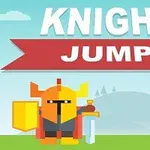Kalorësi i animuar me një mburojë dhe shpatë qëndron në bar mbi një sfond kodrinor, me tekstin Knight Jump në krye