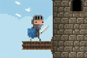 Një kalorës pixelart me mburojë dhe shpatë qëndron pranë një kështjelle prej guri në qiell të kthjellët