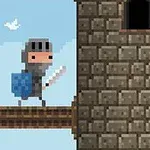 Një kalorës pixelart me mburojë dhe shpatë qëndron pranë një kështjelle prej guri në qiell të kthjellët