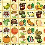 Imazhi përmban ikona të ushqimeve të ndryshme si pemë, perime, ëmbëlsira dhe produkte të tjera ushqimore të organizuara në një rrjetë