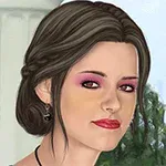 Një portret i një gruaje me makijazh të theksuar rozë dhe buzët e kuqe, me flokë në formë të stilit elegant dhe sfond natyror me pemë