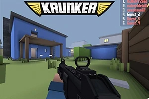 Pamje e një shtëpie blu dhe një armë në dorën e një karakteri në një mjedis me stil grafik blloku