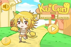 Një personazh anime me flokë të verdhë dhe veshë maceje qëndron në një rrugë në një mjedis vizatimor në sfond, me ikona të kontrollit rreth tij dhe tekstin KuiCeng The Treasure Hunter në krye